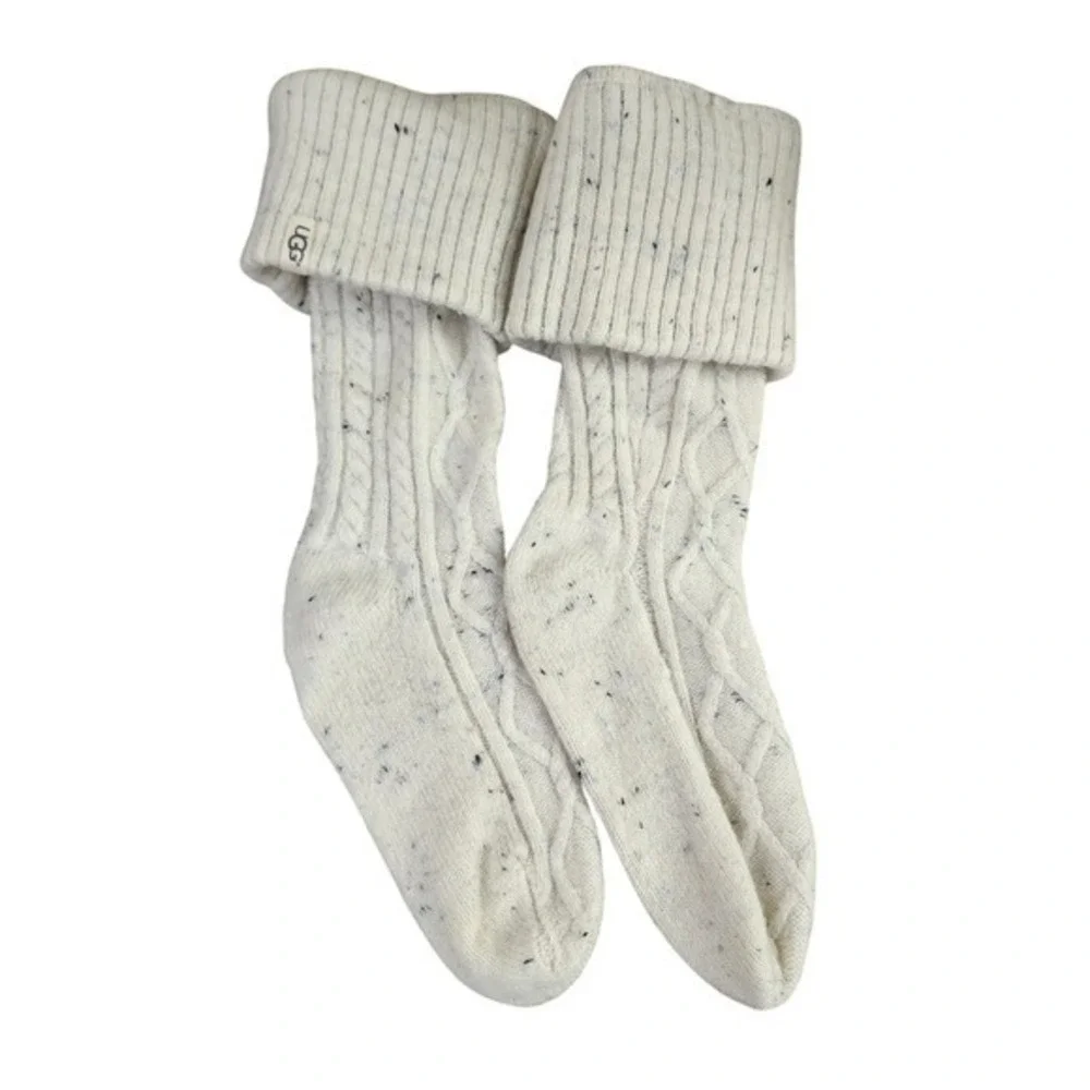 UGG Laila Tall Cable Knit Socks Cream Speckle Fold Over Cuff  Boot Socks‎  LG